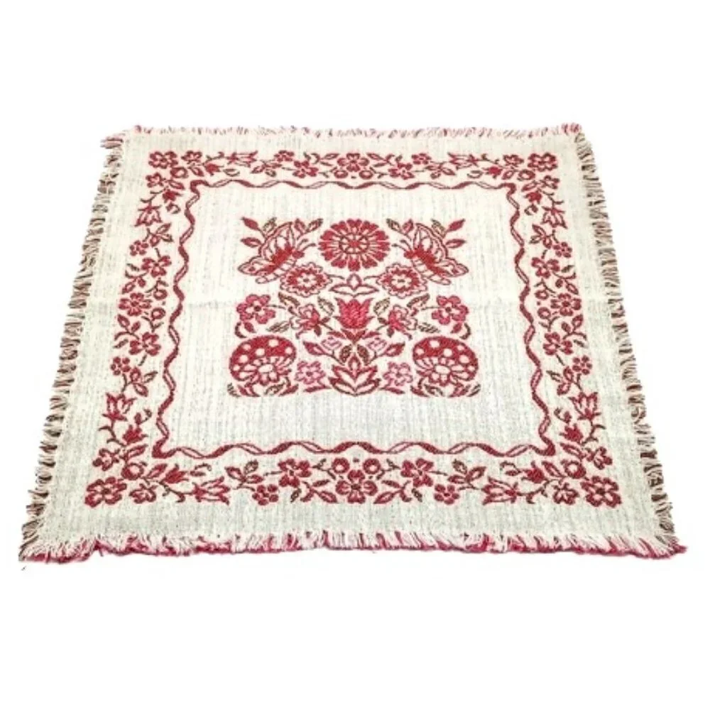 Vintage Red Floral Cotton Linen Fringed Square Woven Napkins